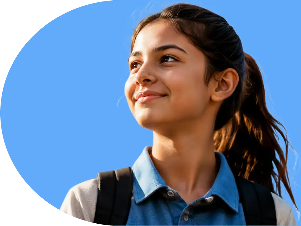 Student with a backpack inside a blue frame